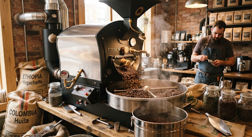Artisan Stainless Roaster with Freshly Roasted Coffee Beans